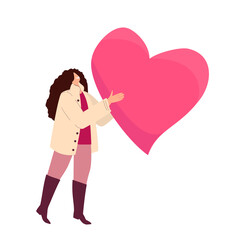 Happy Valentine Day Surprise.Young Adult Woman holding her Huge Heart Present.Loving Person, Beloved Character go to Dating, Feelings of Big Love, Romance Feelings. Cartoon People Vector Illustration