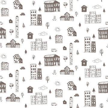 Cute brown seamless pattern with hand drawn vector houses, cars and trees. Funny textured buildings, simple car and tree texture for map design, textile, wrapping paper, cover, surface, design