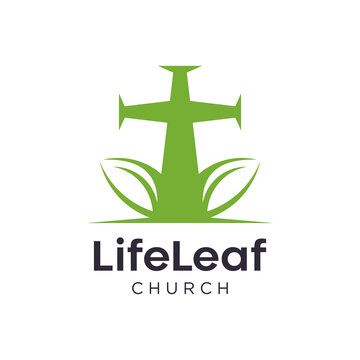 Christian cross leaf church line logo design Premium