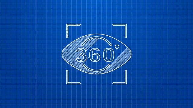 White line 360 degree view icon isolated on blue background. Virtual reality. Angle 360 degree camera. Panorama photo. 4K Video motion graphic animation