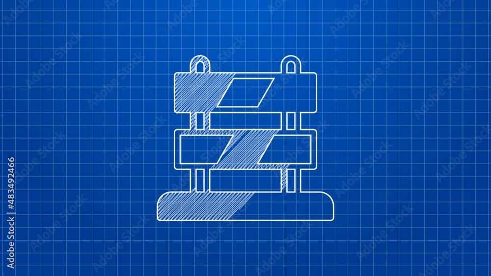 Poster white line end of railway tracks icon isolated on blue background. stop sign. railroad buffer end to