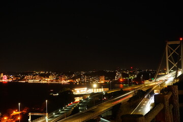 Kanmon Bridge and city view of Moji retro town, in Fukuoka, Kitakyushu, Japan - 北九州 福岡県 門司港の街並み 関門橋