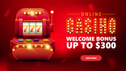 Online casino, red invitation banner for website with button and red volumetric slot machine with jackpot in cartoon style