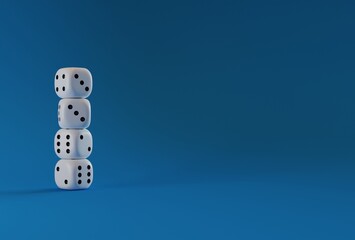 3d render White dice on green background. Gambling devices. Copy space for text. Game of chance concept