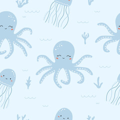 Childish seamless pattern with octopus on blue background. Hand drawn sea plants. Vector illustration.