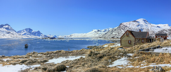 View to the fjord from Qoornoq - former fishermen village, nowdays summer residence in the middle of Nuuk fjord, Greenland © vadim.nefedov