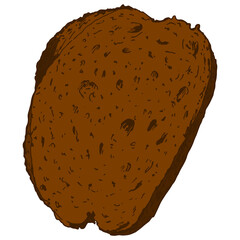a slice of brown bread. isolated hand-drawn piece of bread in sketch style, top view, dark brown with a bread texture of dots and ovals top view of an oval shape for a design template.