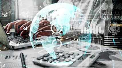 Big Data Technology for Business Finance Analytic conceptual. Modern graphic interface shows massive information of business sale report, profit chart and stock market analysis on screen monitor.