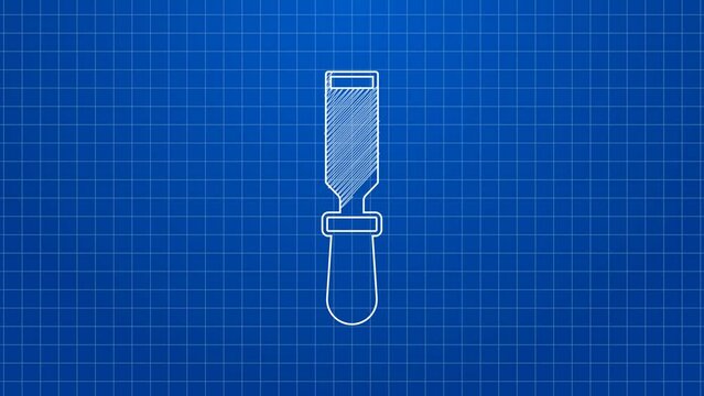 White line Chisel tool for wood icon isolated on blue background. 4K Video motion graphic animation