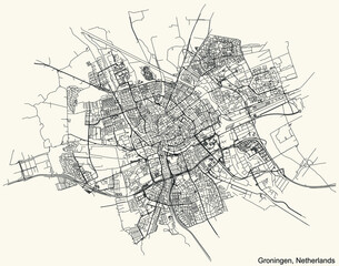 Detailed navigation black lines urban street roads map of the Dutch regional capital city of GRONINGEN, NETHERLANDS on vintage beige background