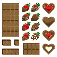 Vector set of sweets. Milk chocolate bar with separate pieces, strawberries covered with chocolate and cookies in the shape of hearts covered with glaze and red jam.