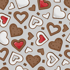 Vector seamless pattern of chocolate cookies in the form of hearts covered with white glaze and red jam isolated on grey background.