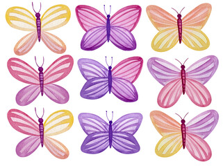 Set of watercolor butterflies in pastel colors with a gradient.