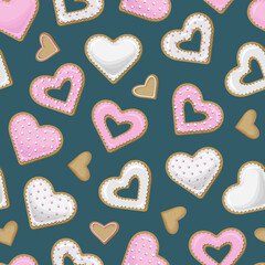 Vector seamless pattern of pink and white cookies in the shape of hearts isolated on gray emerald background.
