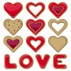 Vector set of cookies for valentine's day. Cookies in the shape of hearts and letters folded into the word LOVE and covered with red glaze isolated on white background. 