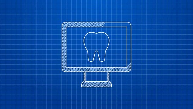 White line Online dental care icon isolated on blue background. Dental service information call center. 4K Video motion graphic animation
