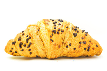 Chocolate chips croissant isolated on a white background.	