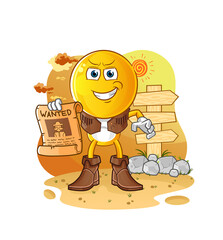 emoticon head cartoon cowboy with wanted paper. cartoon vector