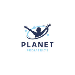 Kids silhouette and planet galaxy logo design premium