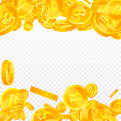 Bitcoin, internet currency coins falling. Delicate scattered BTC coins. Cryptocurrency, digital money. Imaginative jackpot, wealth or success concept. Vector illustration.