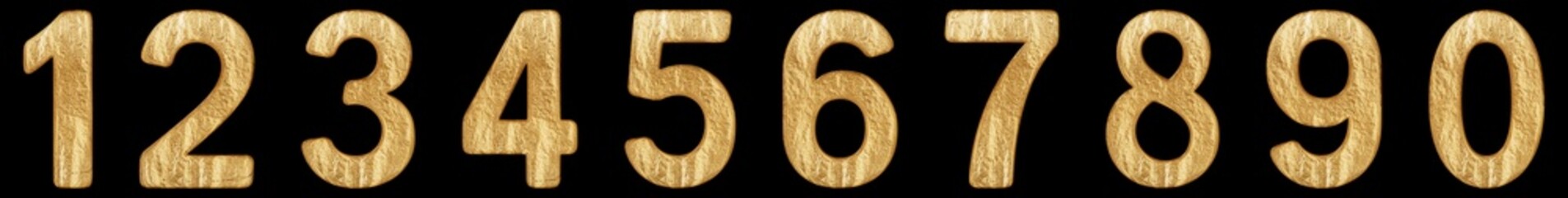 Set of arabic numbers, gold texture, isolated on black background, 3d illustration