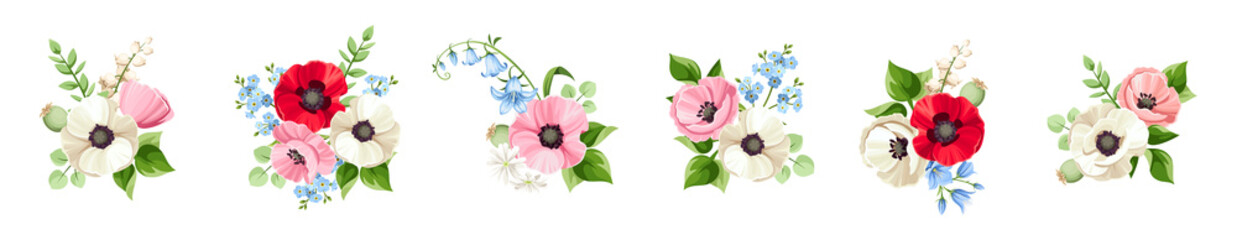 Set of red, pink, blue, and white poppy, bluebell, forget-me-not, and lily of the valley flowers isolated on a white background. Vector illustration.