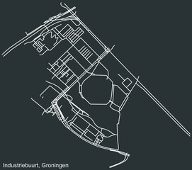 Detailed negative navigation white lines urban street roads map of the INDUSTRIEBUURT NEIGHBORHOOD of the Dutch regional capital city Groningen, Netherlands on dark gray background