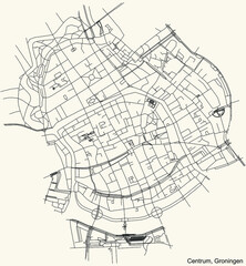 Obraz premium Detailed navigation black lines urban street roads map of the CENTRUM DISTRICT of the Dutch regional capital city Groningen, Netherlands on vintage beige background
