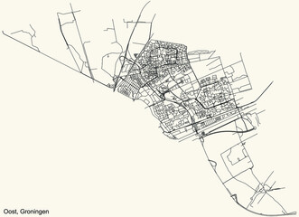 Detailed navigation black lines urban street roads map of the OOST DISTRICT of the Dutch regional capital city Groningen, Netherlands on vintage beige background