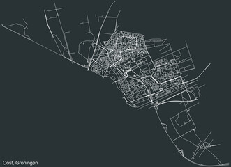 Detailed negative navigation white lines urban street roads map of the OOST DISTRICT of the Dutch regional capital city Groningen, Netherlands on dark gray background