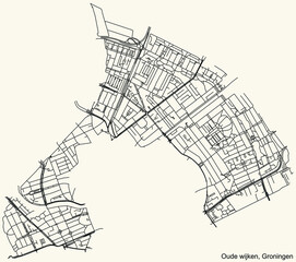 Detailed navigation black lines urban street roads map of the OUDE WIJKEN DISTRICT of the Dutch regional capital city Groningen, Netherlands on vintage beige background