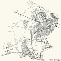 Detailed navigation black lines urban street roads map of the WEST DISTRICT of the Dutch regional capital city Groningen, Netherlands on vintage beige background