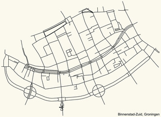 Detailed navigation black lines urban street roads map of the BINNENSTAD-ZUID NEIGHBORHOOD of the Dutch regional capital city Groningen, Netherlands on vintage beige background