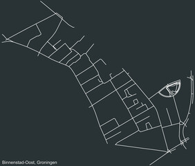 Detailed negative navigation white lines urban street roads map of the BINNENSTAD-OOST NEIGHBORHOOD of the Dutch regional capital city Groningen, Netherlands on dark gray background