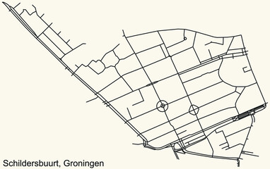 Detailed navigation black lines urban street roads map of the SCHILDERSBUURT NEIGHBORHOOD of the Dutch regional capital city Groningen, Netherlands on vintage beige background