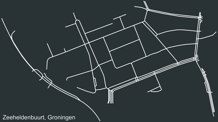 Detailed negative navigation white lines urban street roads map of the ZEEHELDENBUURT NEIGHBORHOOD of the Dutch regional capital city Groningen, Netherlands on dark gray background