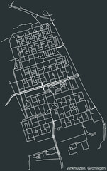 Detailed negative navigation white lines urban street roads map of the VINKHUIZEN NEIGHBORHOOD of the Dutch regional capital city Groningen, Netherlands on dark gray background