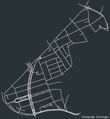 Detailed negative navigation white lines urban street roads map of the ORANJEWIJK NEIGHBORHOOD of the Dutch regional capital city Groningen, Netherlands on dark gray background