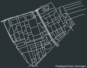 Detailed negative navigation white lines urban street roads map of the PADDEPOEL-ZUID NEIGHBORHOOD of the Dutch regional capital city Groningen, Netherlands on dark gray background
