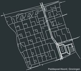 Detailed negative navigation white lines urban street roads map of the PADDEPOEL-NOORD NEIGHBORHOOD of the Dutch regional capital city Groningen, Netherlands on dark gray background