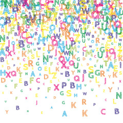 Falling letters of English language. Bright handdrawn flying words of Latin alphabet. Foreign languages study concept. Uncommon back to school banner on white background.