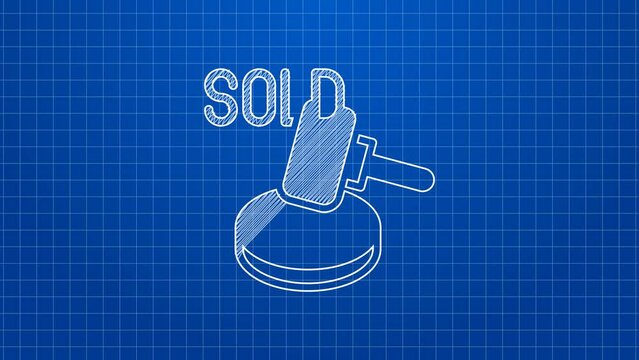 White line Auction hammer icon isolated on blue background. Gavel - hammer of judge or auctioneer. Bidding process, deal done. Auction bidding. 4K Video motion graphic animation