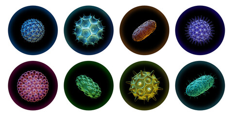3d render, set of assorted round stickers with colorful microorganisms: germs bacteria and virus. Microbiological clip art isolated on white background