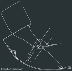 Detailed negative navigation white lines urban street roads map of the ENGELBERT NEIGHBORHOOD of the Dutch regional capital city Groningen, Netherlands on dark gray background