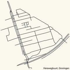 Detailed navigation black lines urban street roads map of the HEREWEGBUURT NEIGHBORHOOD of the Dutch regional capital city Groningen, Netherlands on vintage beige background