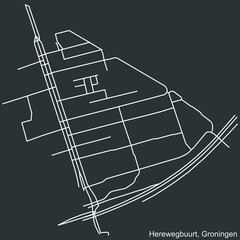 Detailed negative navigation white lines urban street roads map of the HEREWEGBUURT NEIGHBORHOOD of the Dutch regional capital city Groningen, Netherlands on dark gray background