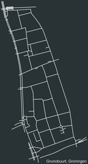 Detailed negative navigation white lines urban street roads map of the GRUNOBUURT NEIGHBORHOOD of the Dutch regional capital city Groningen, Netherlands on dark gray background
