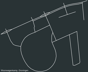 Detailed negative navigation white lines urban street roads map of the WOONWAGENKAMP NEIGHBORHOOD of the Dutch regional capital city Groningen, Netherlands on dark gray background