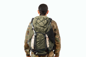 The back of the man with big blue backpack on the white background ready to travel.