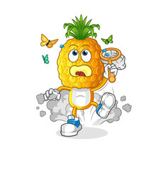 pineapple head cartoon catch butterfly illustration. character vector